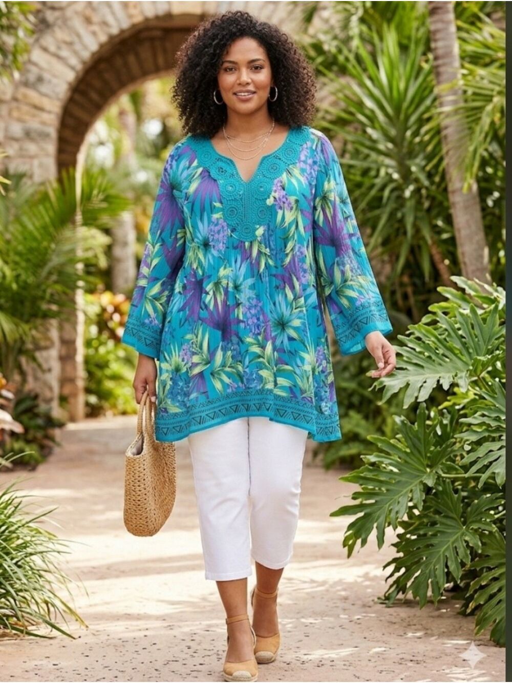 Catherines Plus Size 22-24W Teal Tropical Boho Tunic Crochet Lace Top XXL Summer - Picture 17 of 17